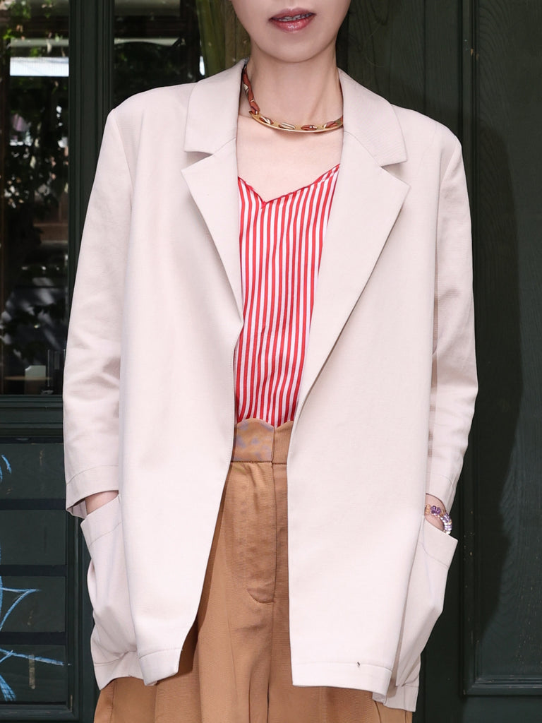 Beige Khaki Quarter Sleeve Open Front Unlined Blazer