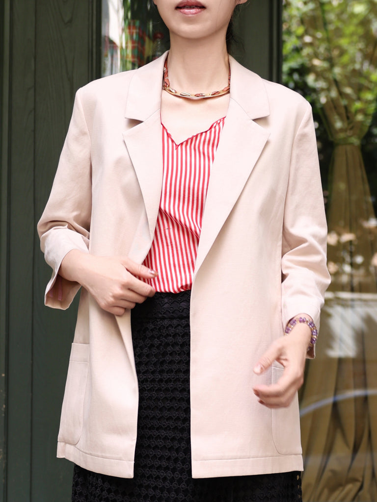 Beige Khaki Quarter Sleeve Open Front Unlined Blazer