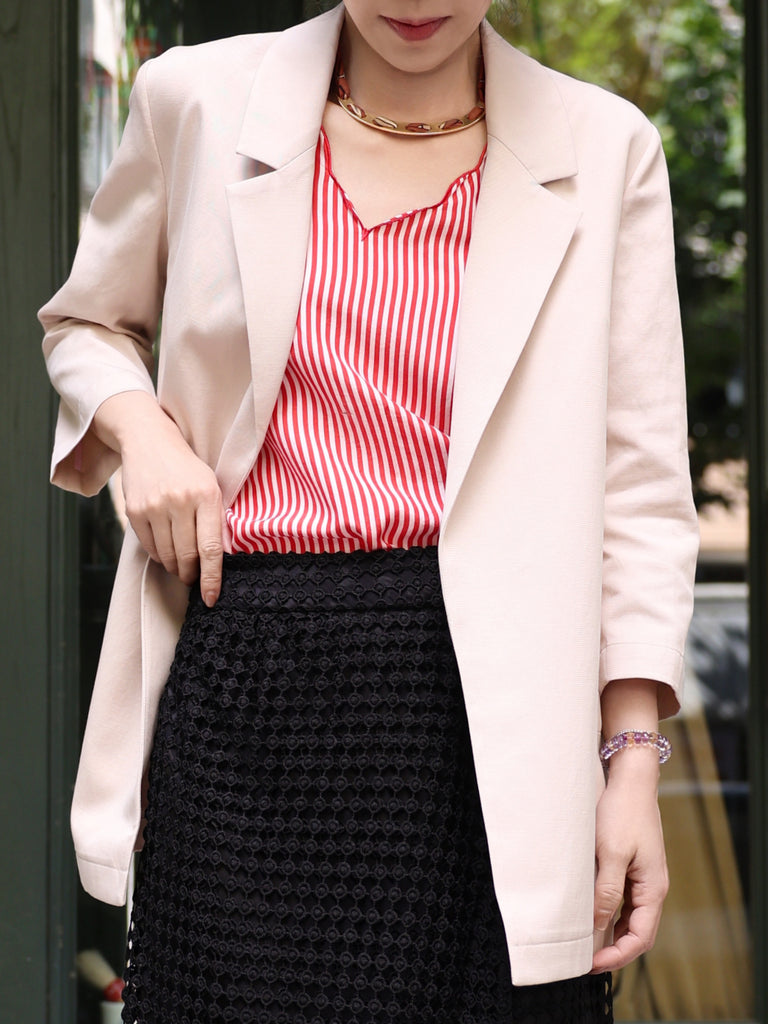 Beige Khaki Quarter Sleeve Open Front Unlined Blazer