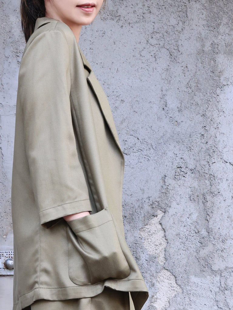 Army Green Quarter Sleeve Open Front Unlined Blazer