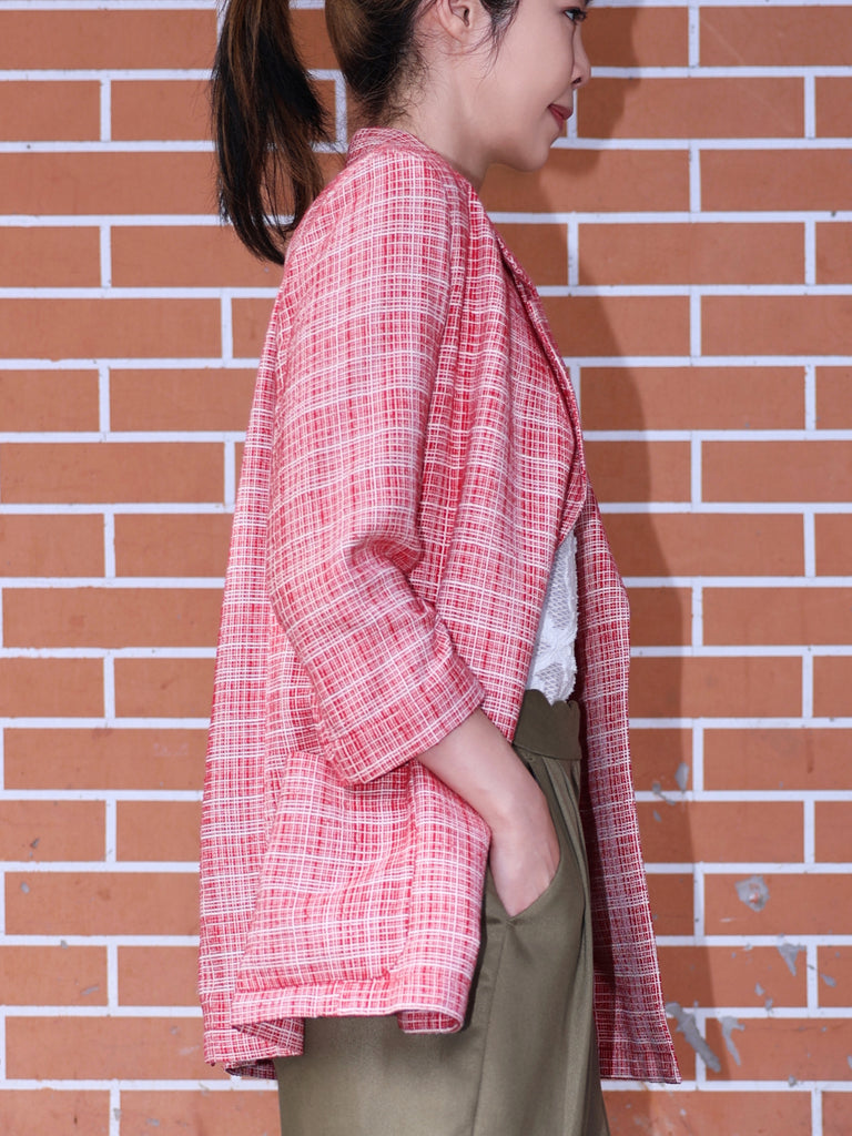 Red Checked Quarter Sleeve Open Front Unlined Blazer
