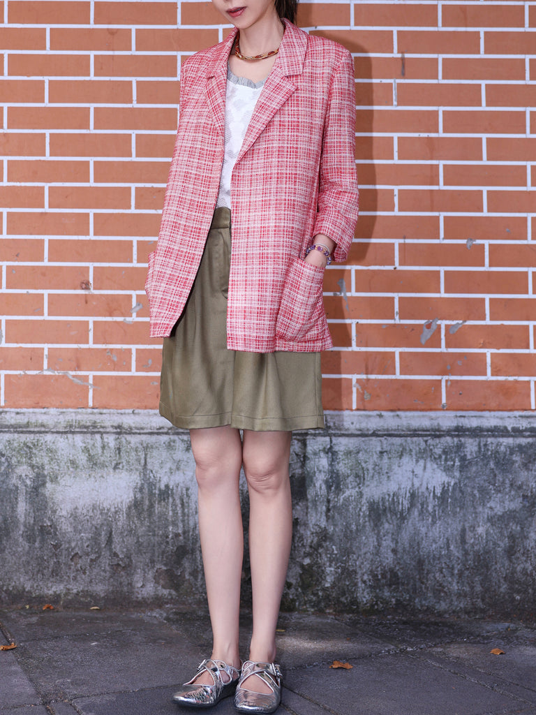 Red Checked Quarter Sleeve Open Front Unlined Blazer
