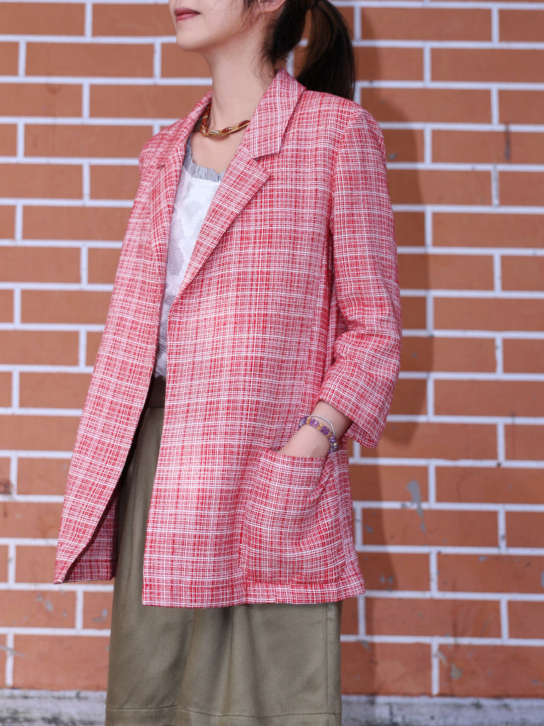 Red Checked Quarter Sleeve Open Front Unlined Blazer