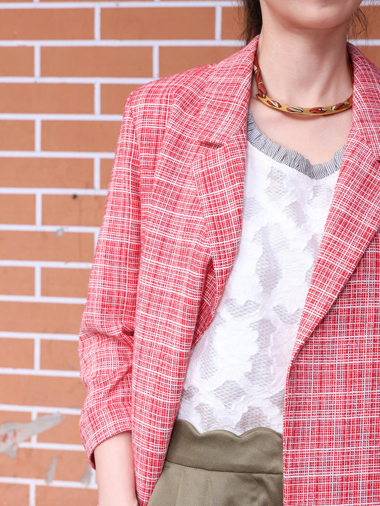 Red Checked Quarter Sleeve Open Front Unlined Blazer