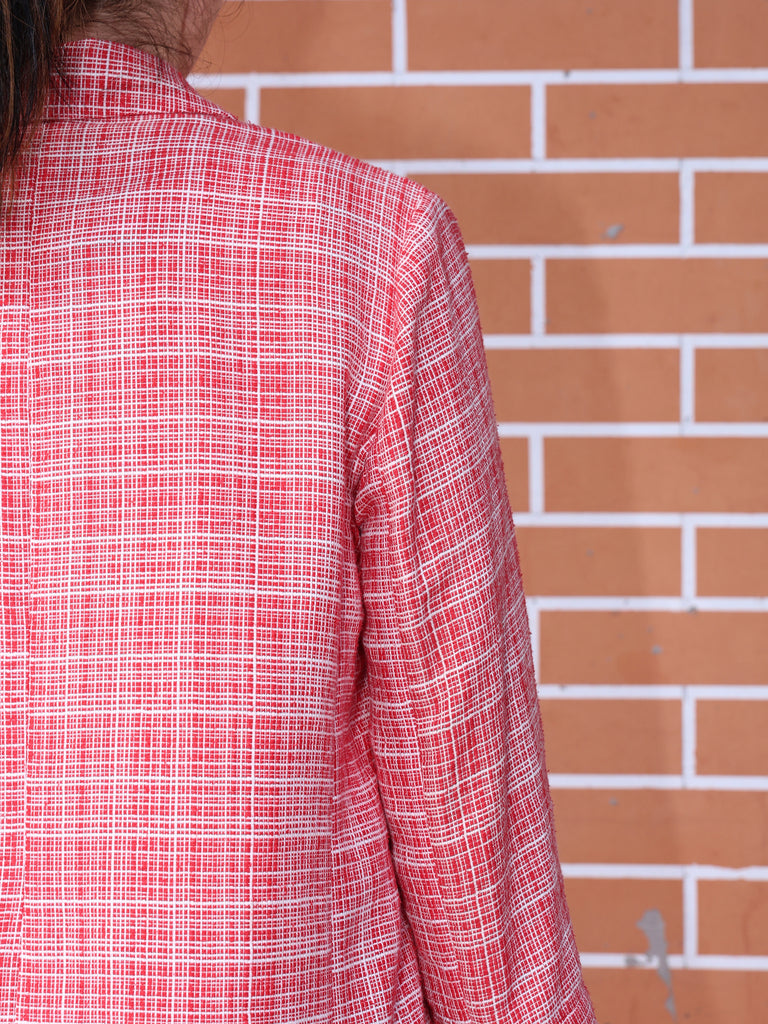 Red Checked Quarter Sleeve Open Front Unlined Blazer