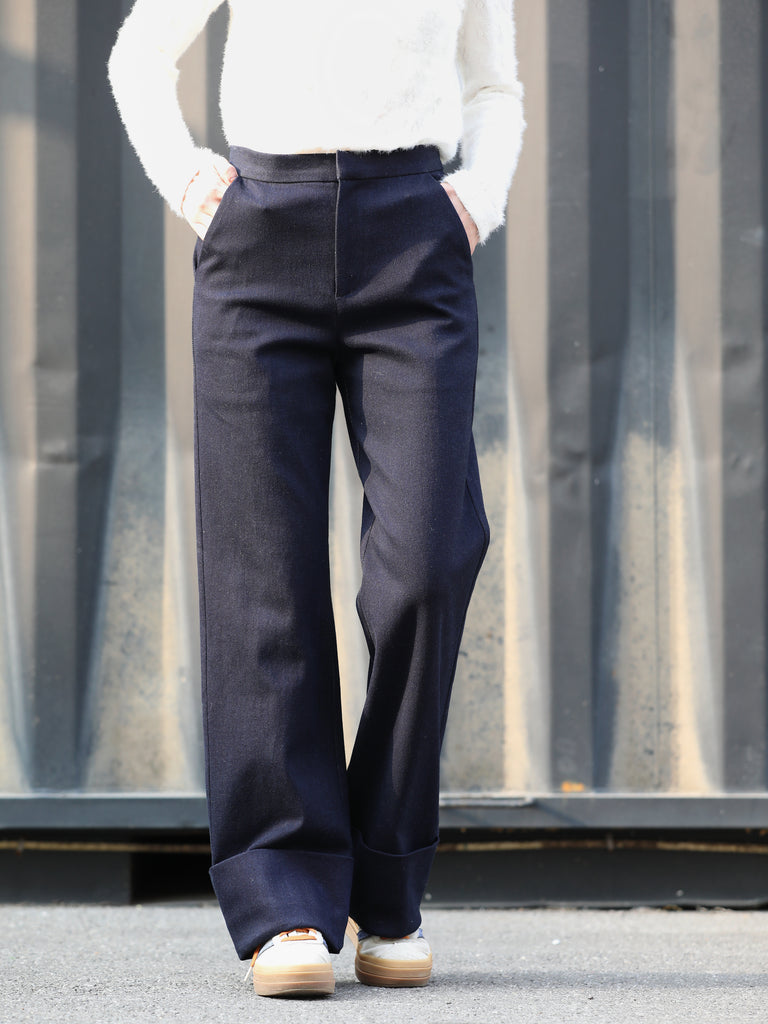 Deep Navy Folded-Hem Straight-Leg Wool Trousers