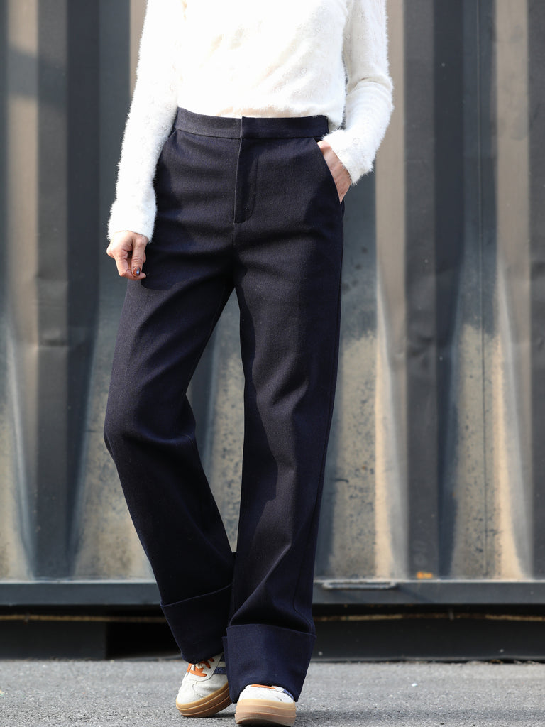 Deep Navy Folded-Hem Straight-Leg Wool Trousers