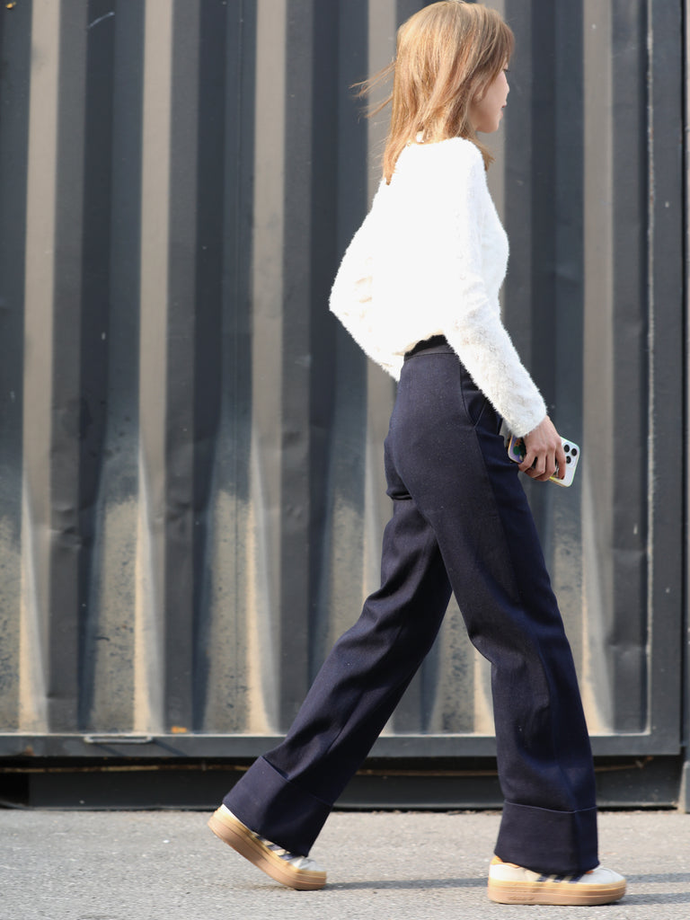 Deep Navy Folded-Hem Straight-Leg Wool Trousers