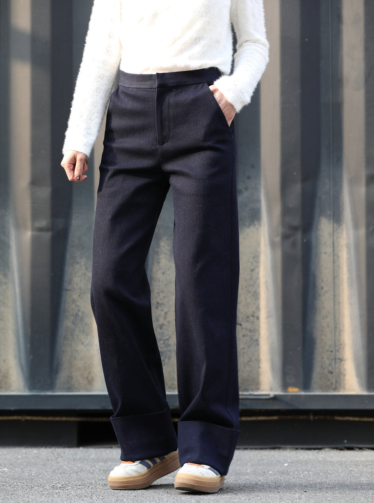 Deep Navy Folded-Hem Straight-Leg Wool Trousers