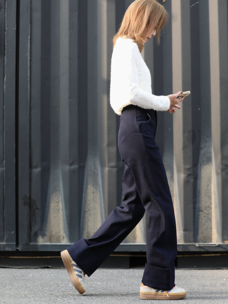 Deep Navy Folded-Hem Straight-Leg Wool Trousers