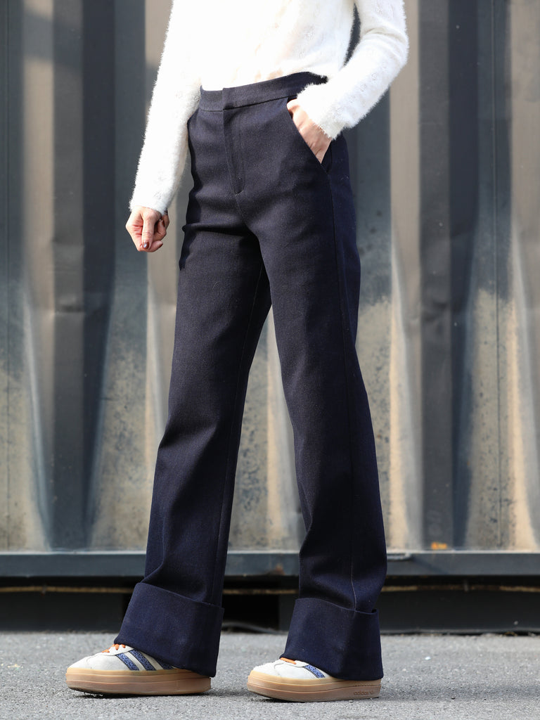 Deep Navy Folded-Hem Straight-Leg Wool Trousers