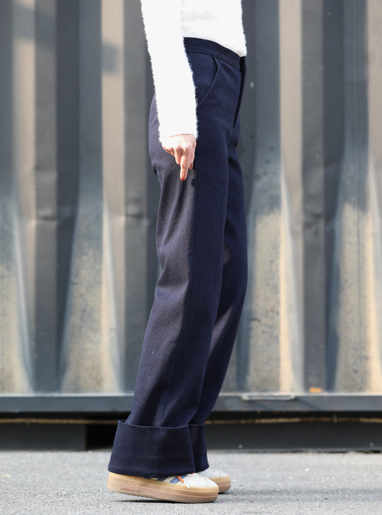 Deep Navy Folded-Hem Straight-Leg Wool Trousers