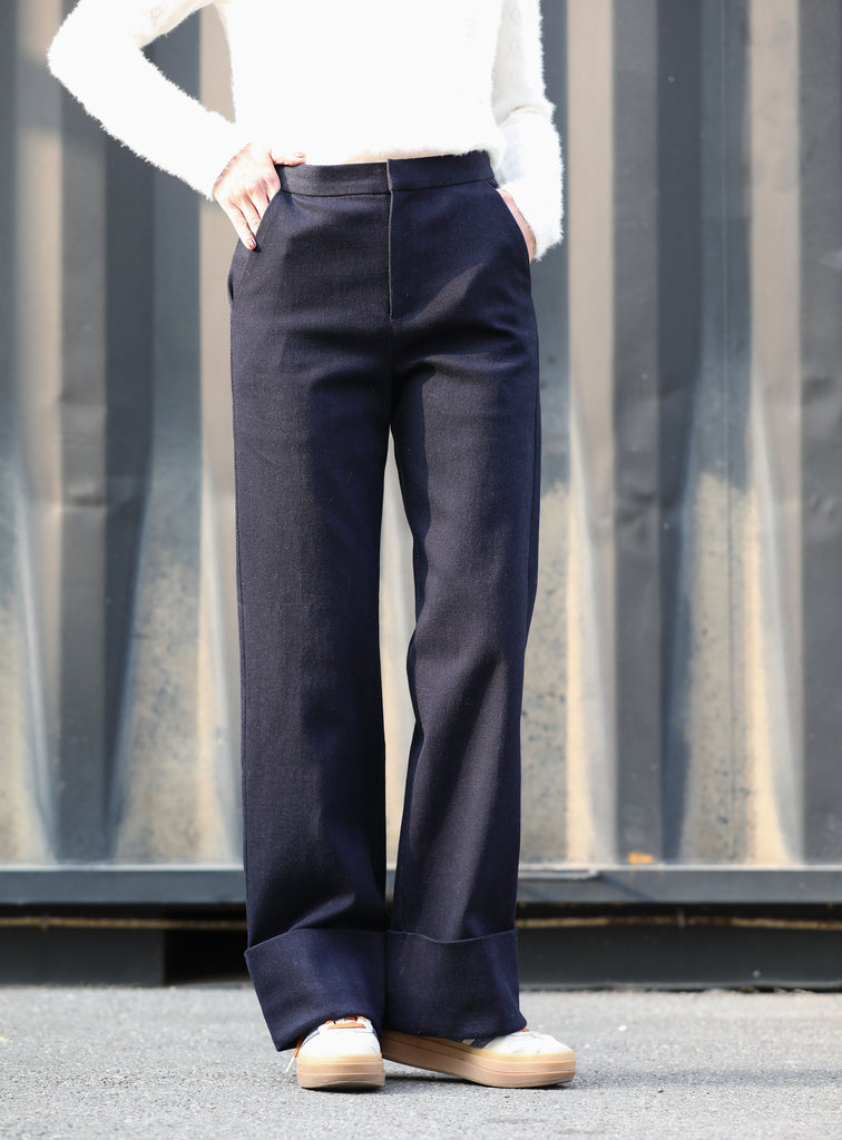 Deep Navy Folded-Hem Straight-Leg Wool Trousers