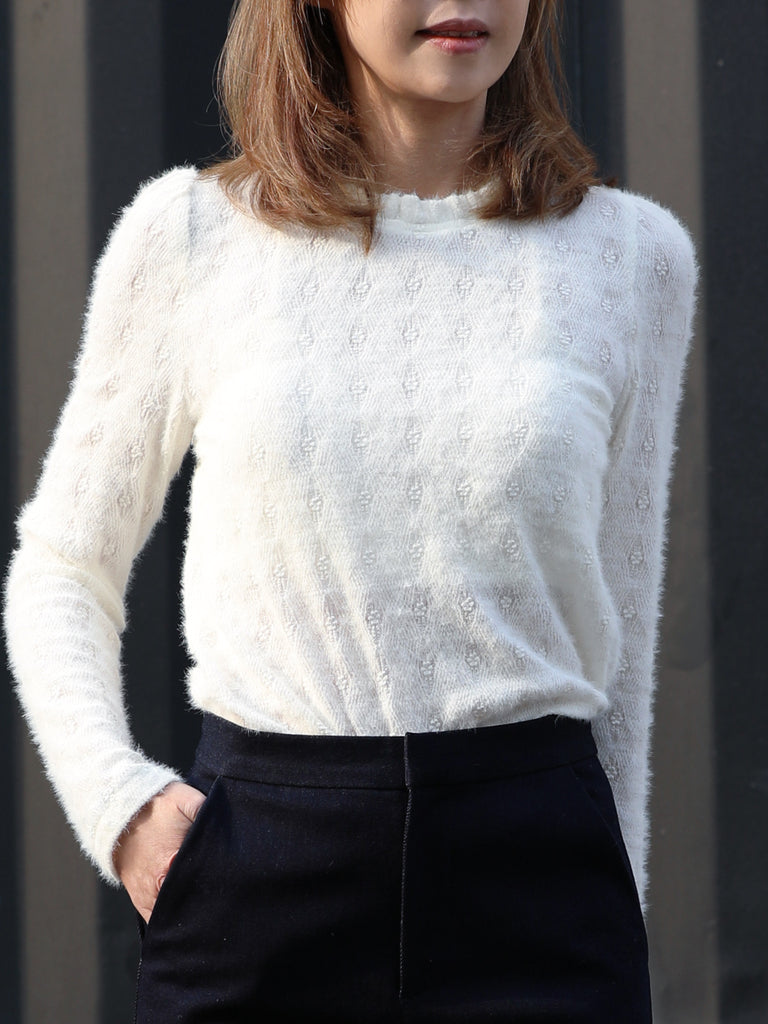 Ivory Ruffle Collared Soft Texture Angora Blend Knitted Top