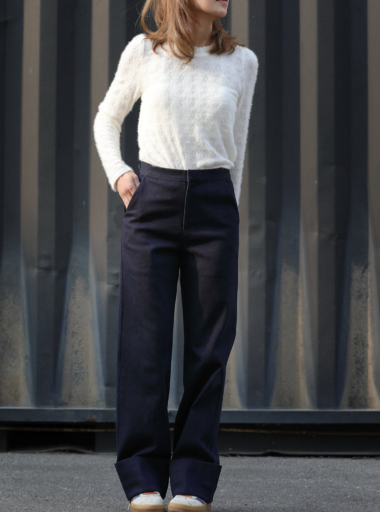 Deep Navy Folded-Hem Straight-Leg Wool Trousers