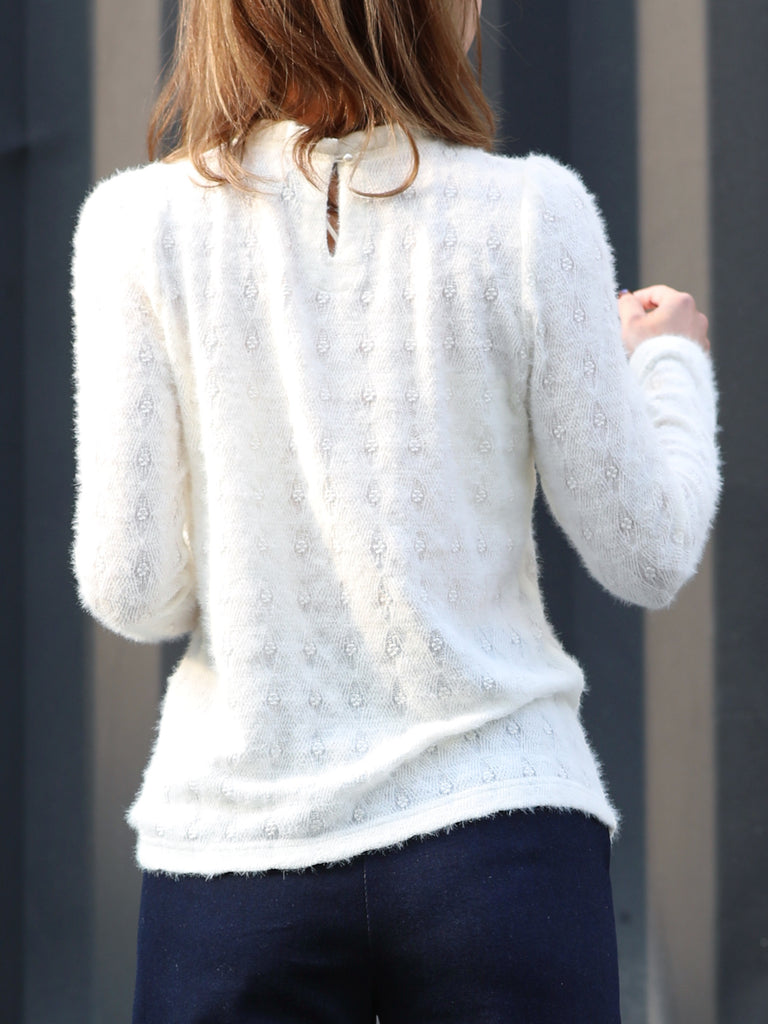 Ivory Ruffle Collared Soft Texture Angora Blend Knitted Top