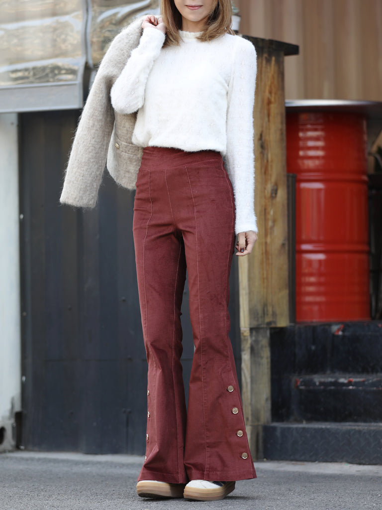 New Colour! Brick Red Flare Leg Pull On Button Pants