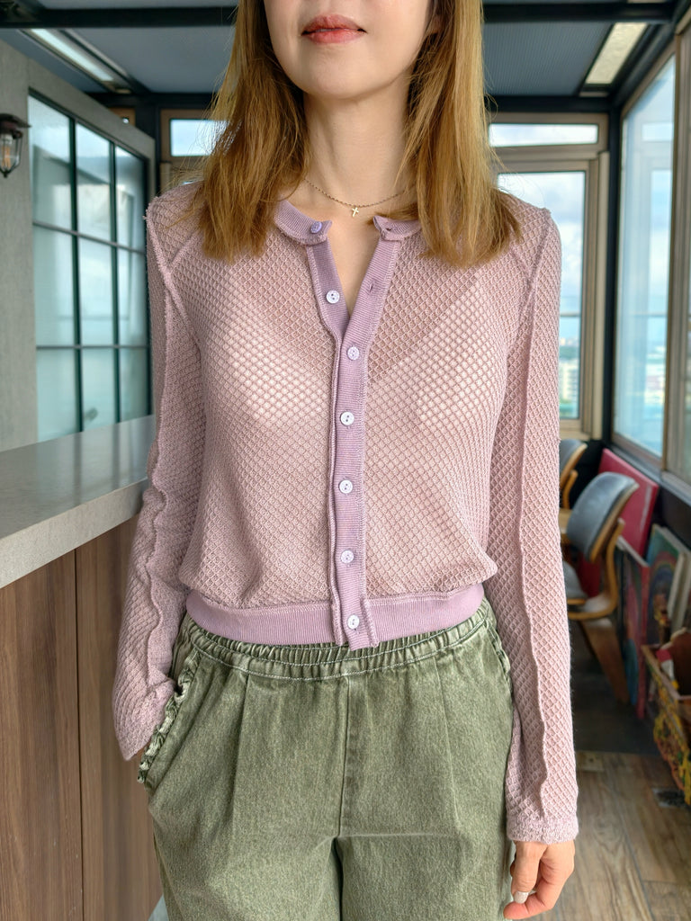 Lilac Delicate Diamond Lattice Knit Unique Button Cardigan