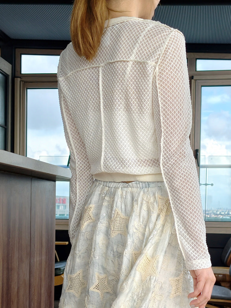 Ivory Delicate Diamond Lattice Knit Unique Button Cardigan