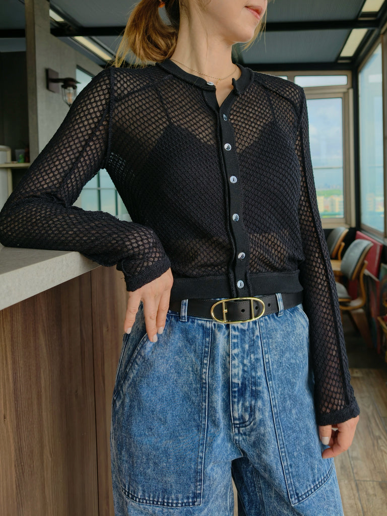 Black Delicate Diamond Lattice Knit Unique Button Cardigan