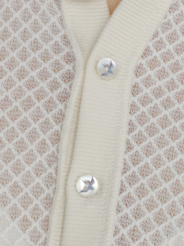 Ivory Delicate Diamond Lattice Knit Unique Button Cardigan
