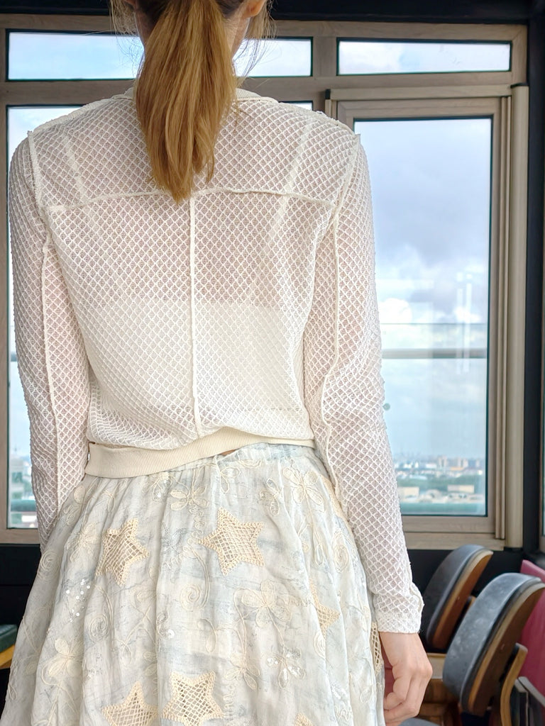 Ivory Delicate Diamond Lattice Knit Unique Button Cardigan