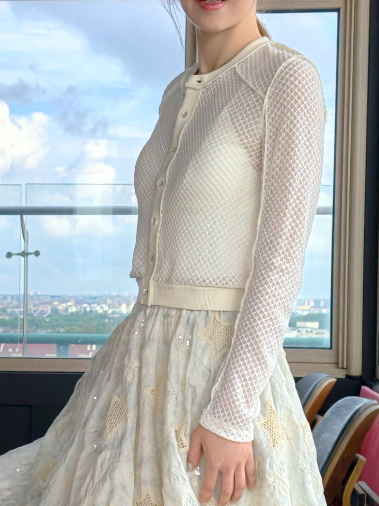 Ivory Delicate Diamond Lattice Knit Unique Button Cardigan