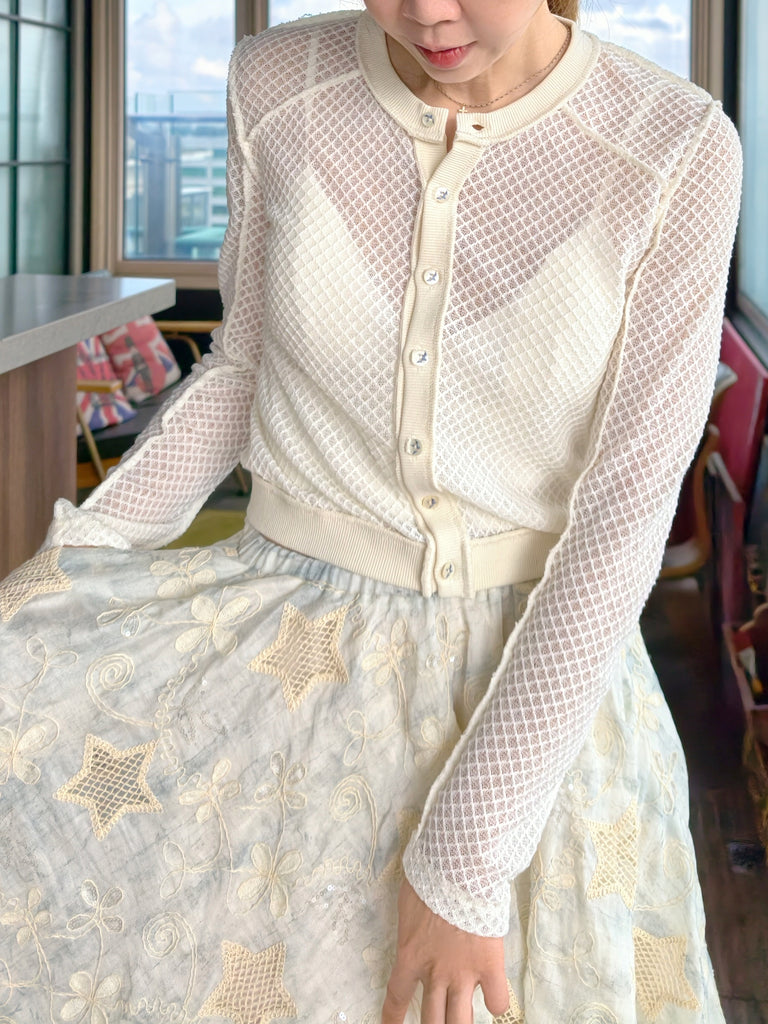 Ivory Delicate Diamond Lattice Knit Unique Button Cardigan