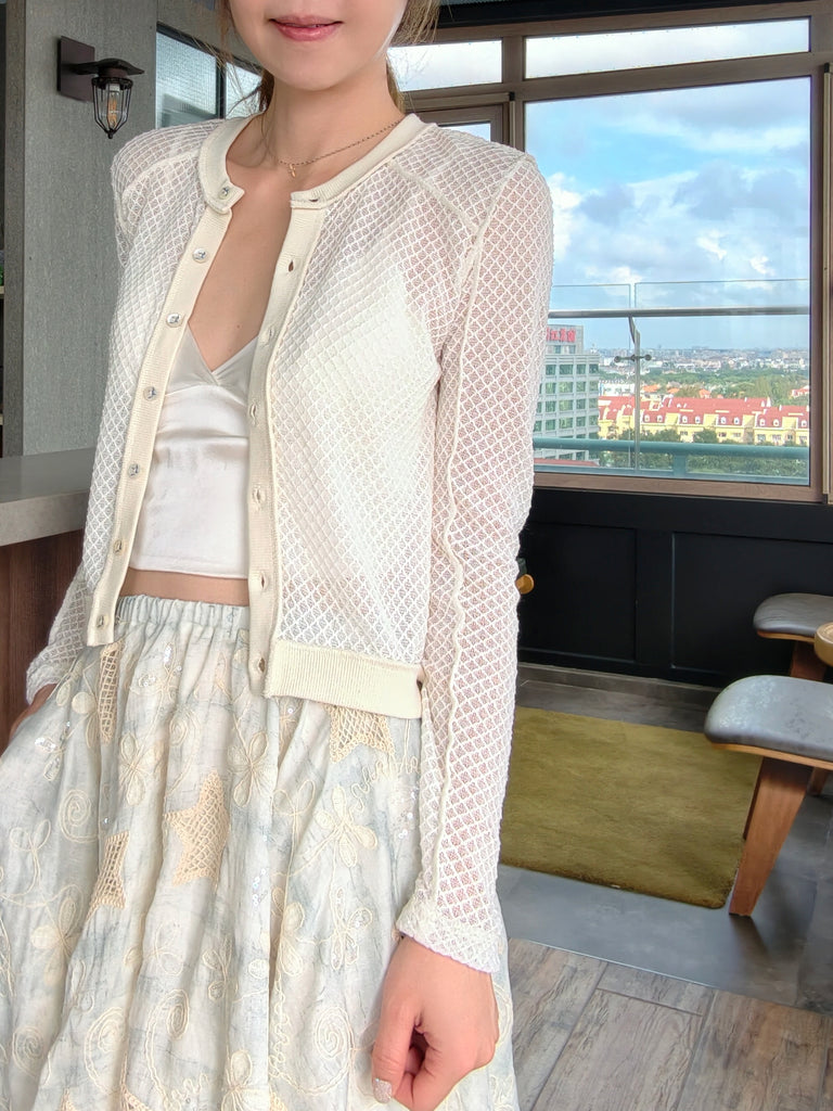 Ivory Delicate Diamond Lattice Knit Unique Button Cardigan