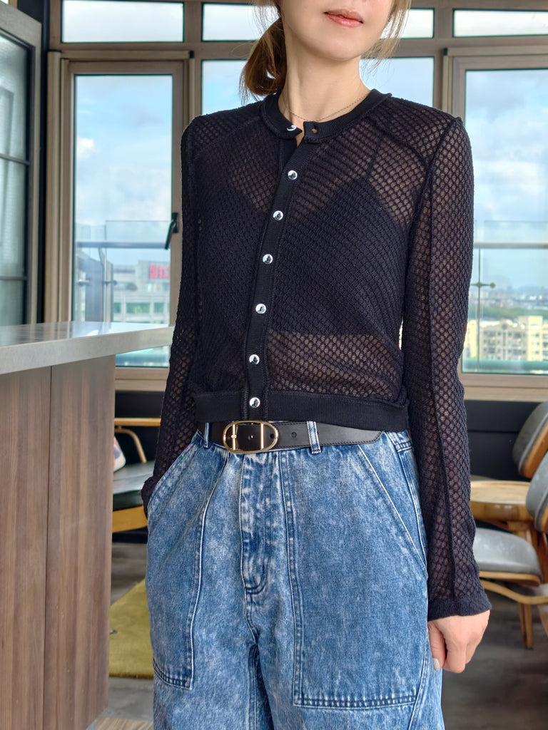 Black Delicate Diamond Lattice Knit Unique Button Cardigan