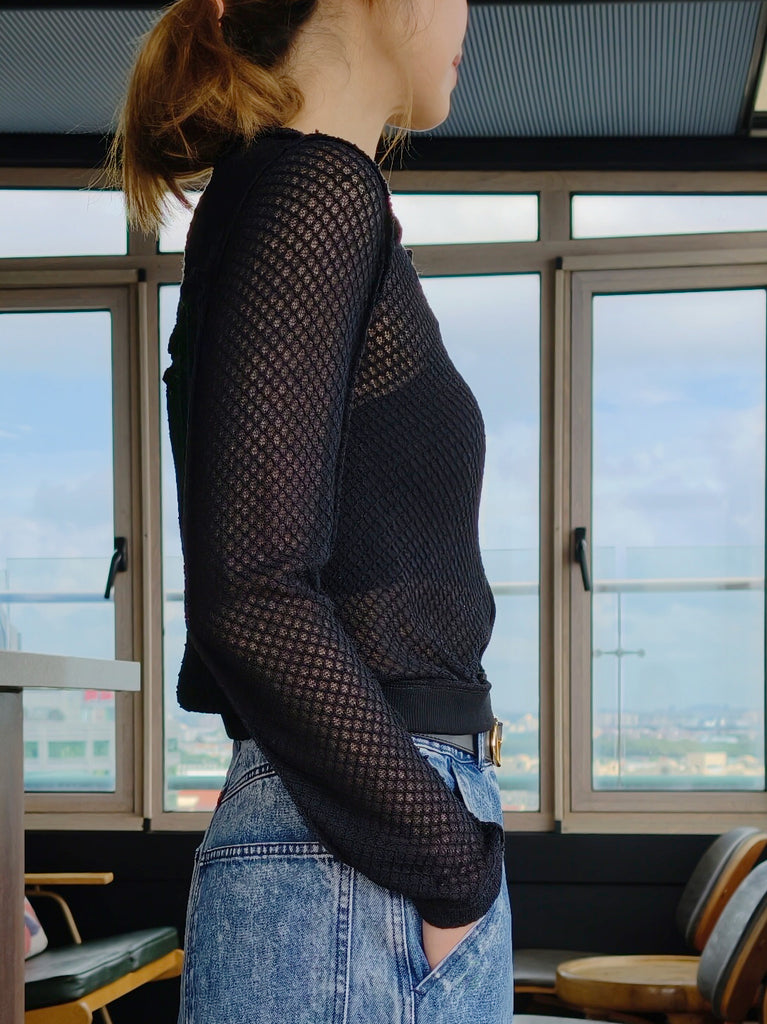 Black Delicate Diamond Lattice Knit Unique Button Cardigan