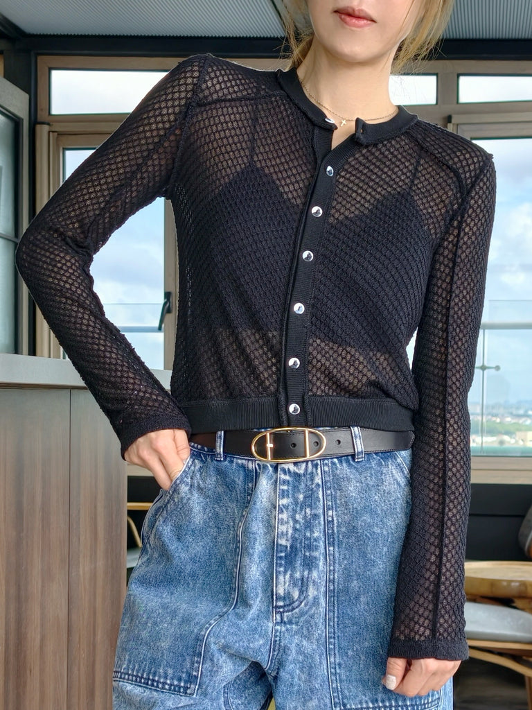 Black Delicate Diamond Lattice Knit Unique Button Cardigan