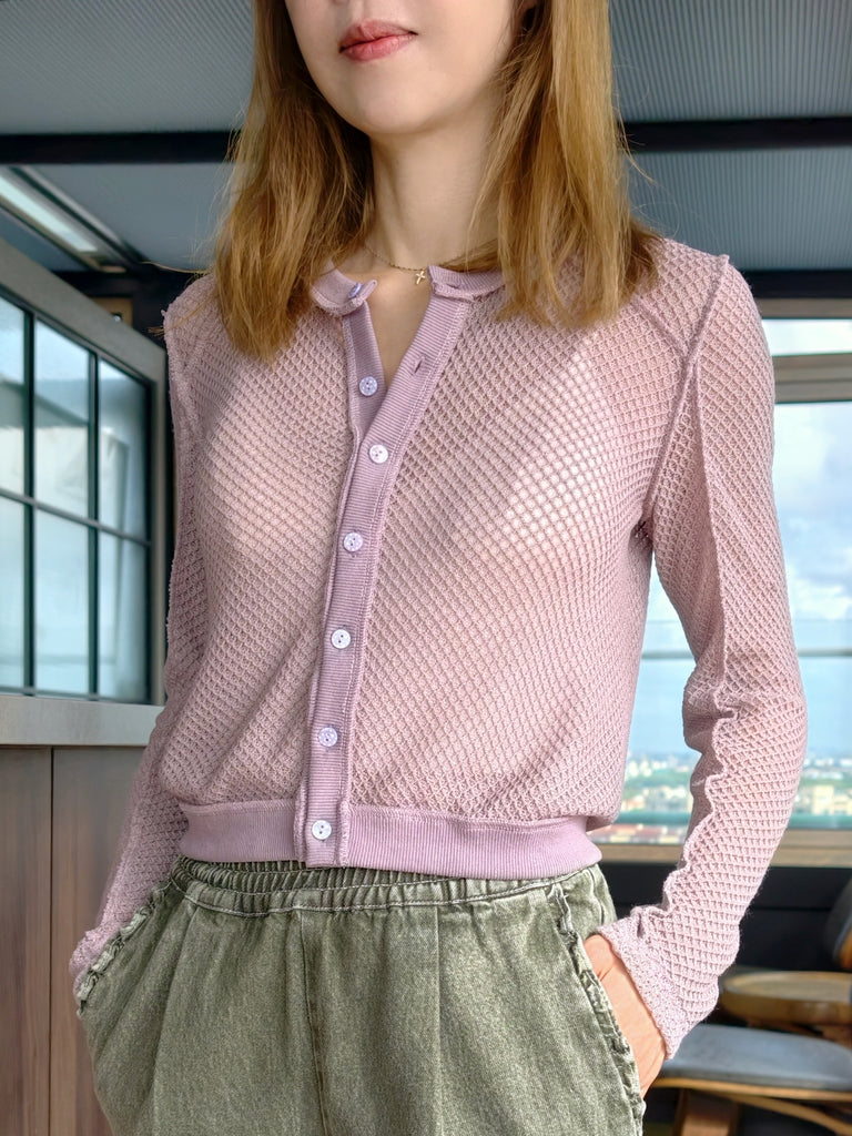 Lilac Delicate Diamond Lattice Knit Unique Button Cardigan