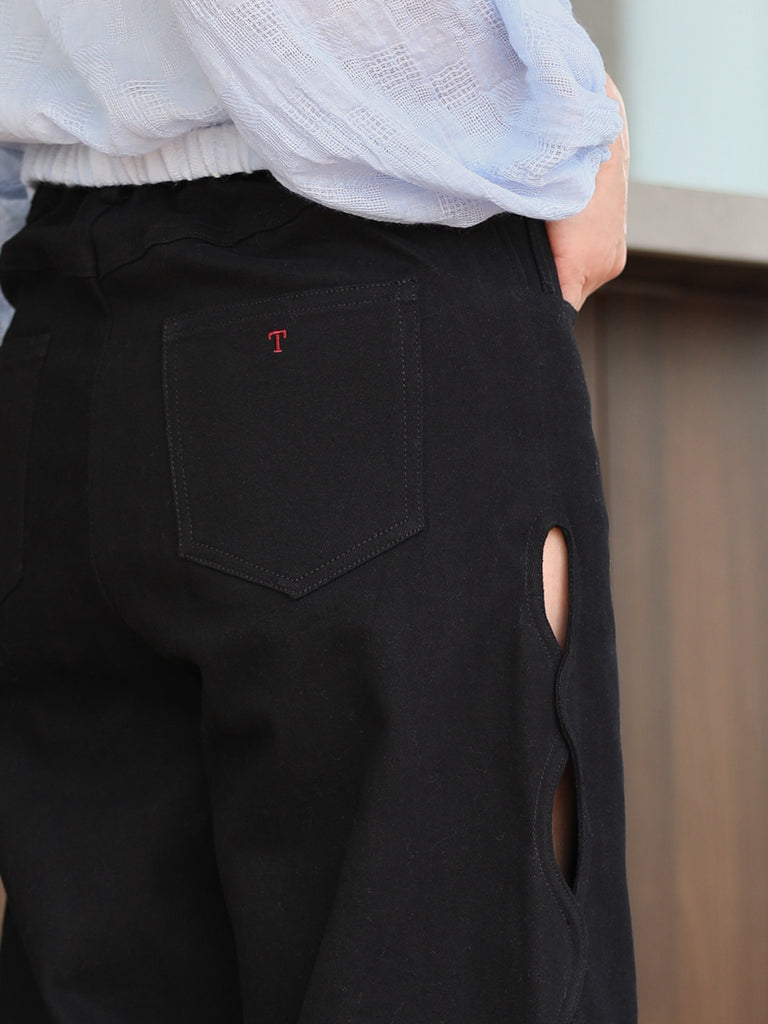 Classic Black Scalloped Cut-Out Detail Straight-Leg Cotton Trousers