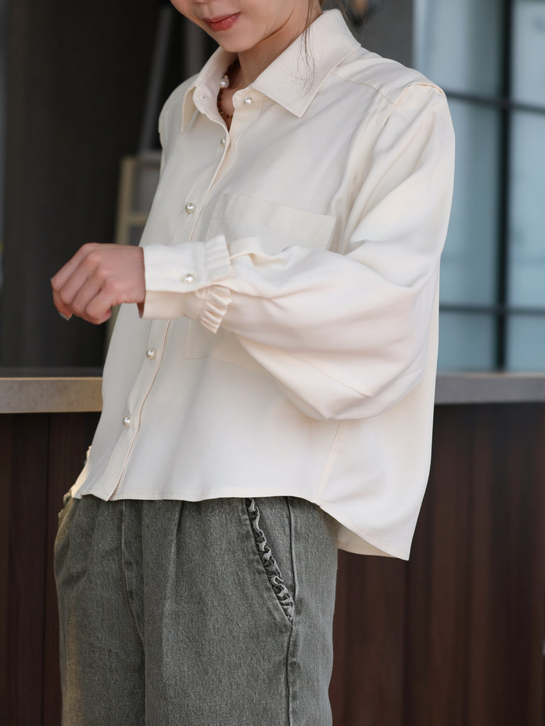 Warm Cream Grid Textured Two-Way Button-Shoulder Silk Shirt