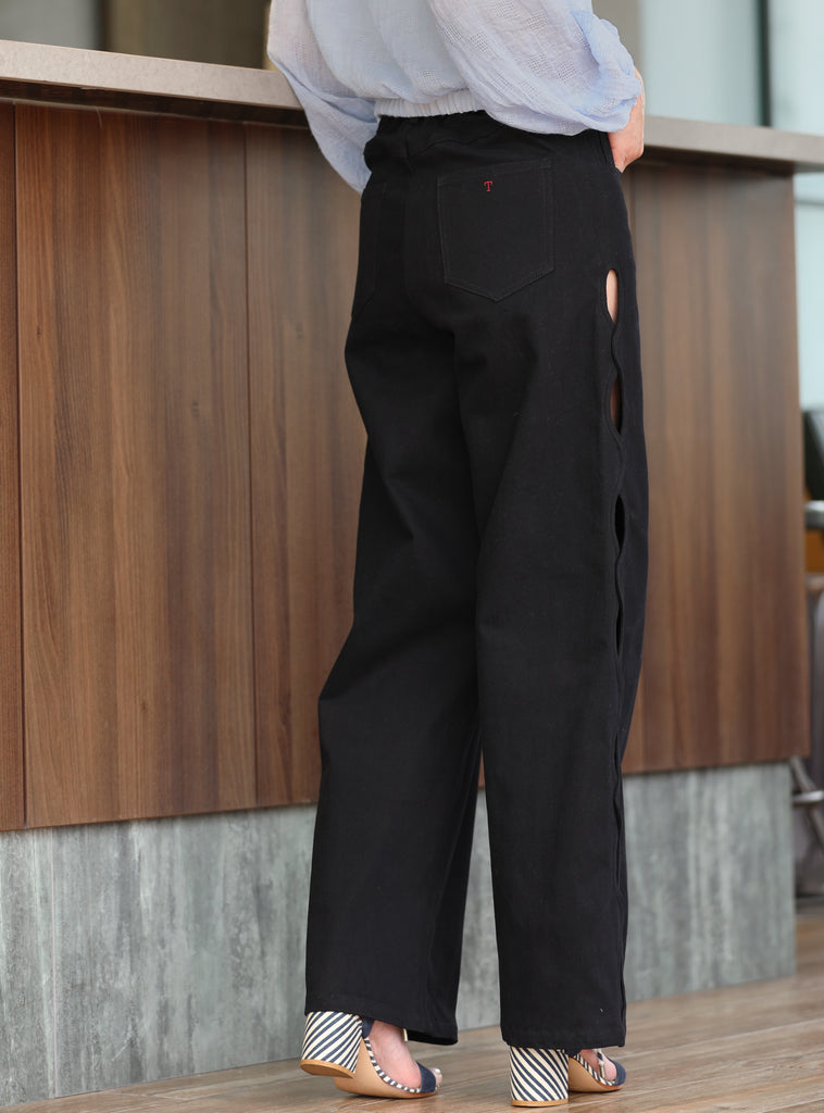 Classic Black Scalloped Cut-Out Detail Straight-Leg Cotton Trousers