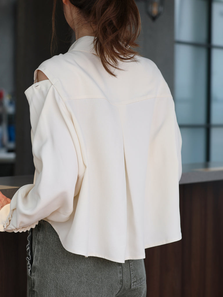 Warm Cream Grid Textured Two-Way Button-Shoulder Silk Shirt