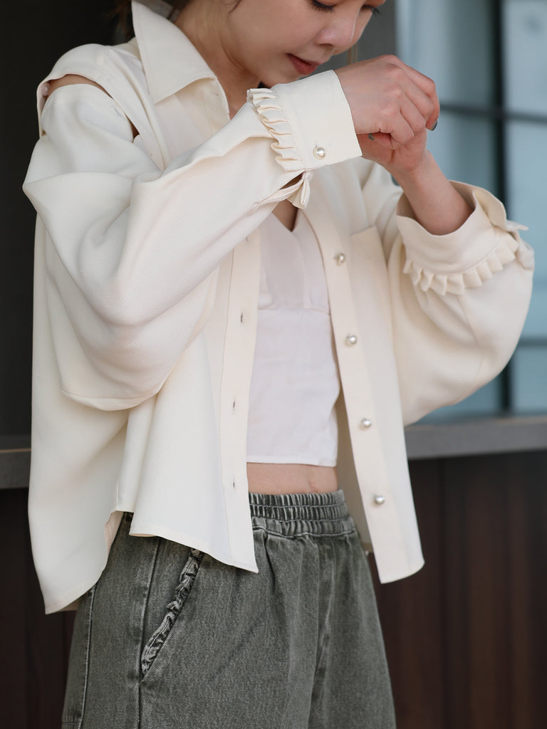 Warm Cream Grid Textured Two-Way Button-Shoulder Silk Shirt