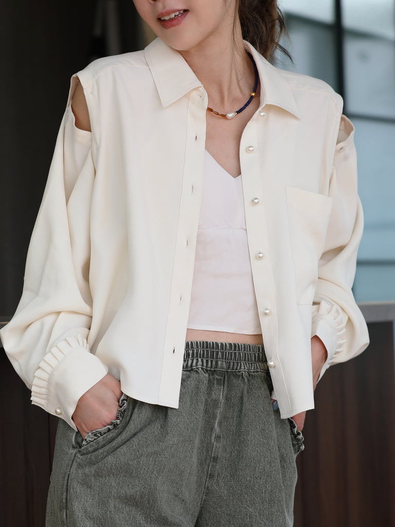 Warm Cream Grid Textured Two-Way Button-Shoulder Silk Shirt