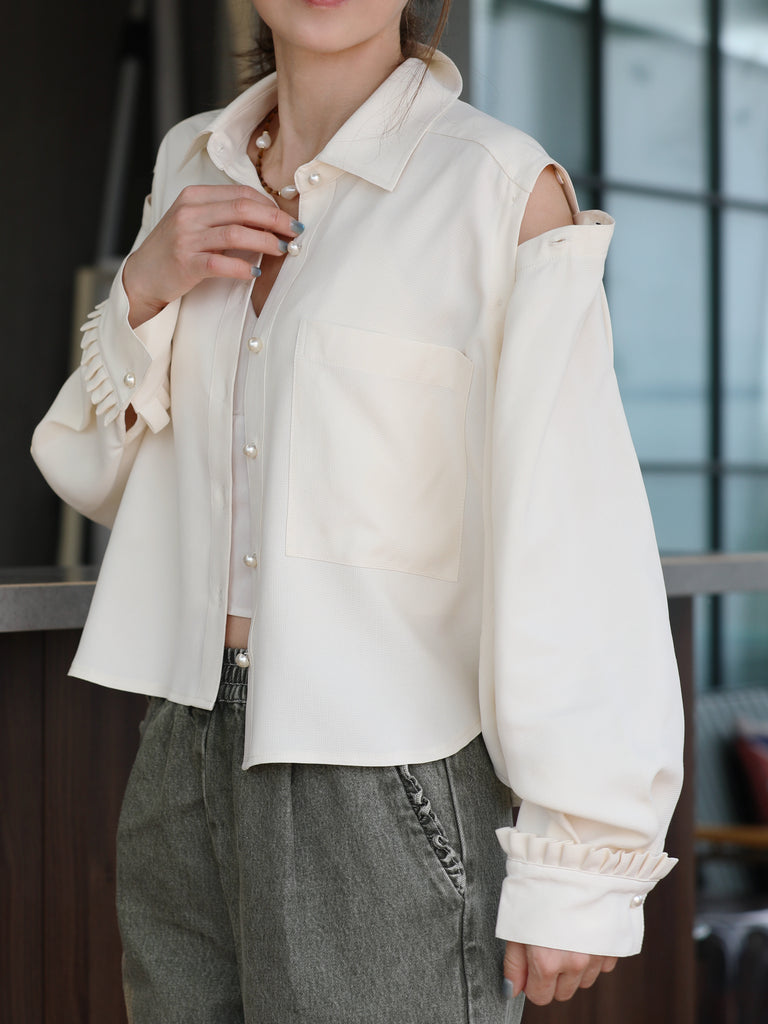 Warm Cream Grid Textured Two-Way Button-Shoulder Silk Shirt