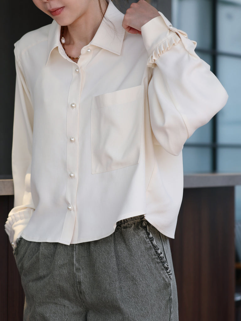 Warm Cream Grid Textured Two-Way Button-Shoulder Silk Shirt