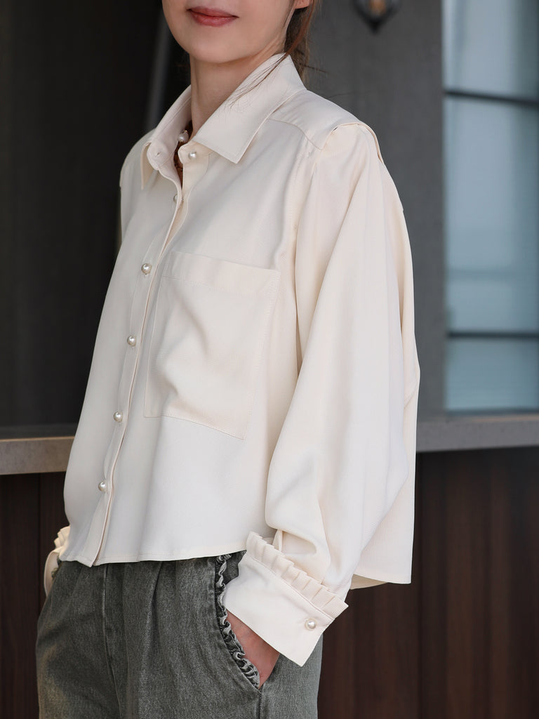 Warm Cream Grid Textured Two-Way Button-Shoulder Silk Shirt