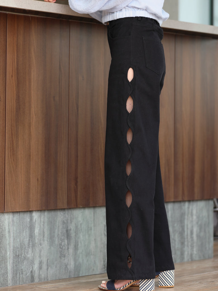 Classic Black Scalloped Cut-Out Detail Straight-Leg Cotton Trousers