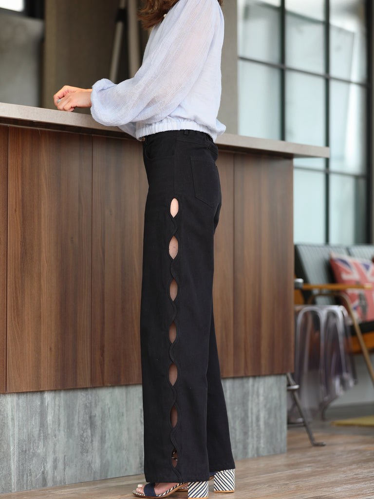 Classic Black Scalloped Cut-Out Detail Straight-Leg Cotton Trousers