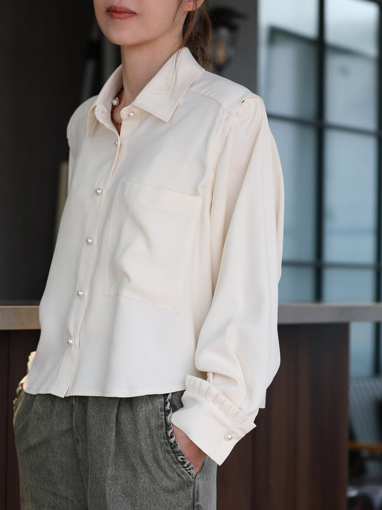 Warm Cream Grid Textured Two-Way Button-Shoulder Silk Shirt