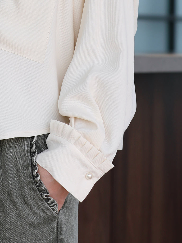 Warm Cream Grid Textured Two-Way Button-Shoulder Silk Shirt