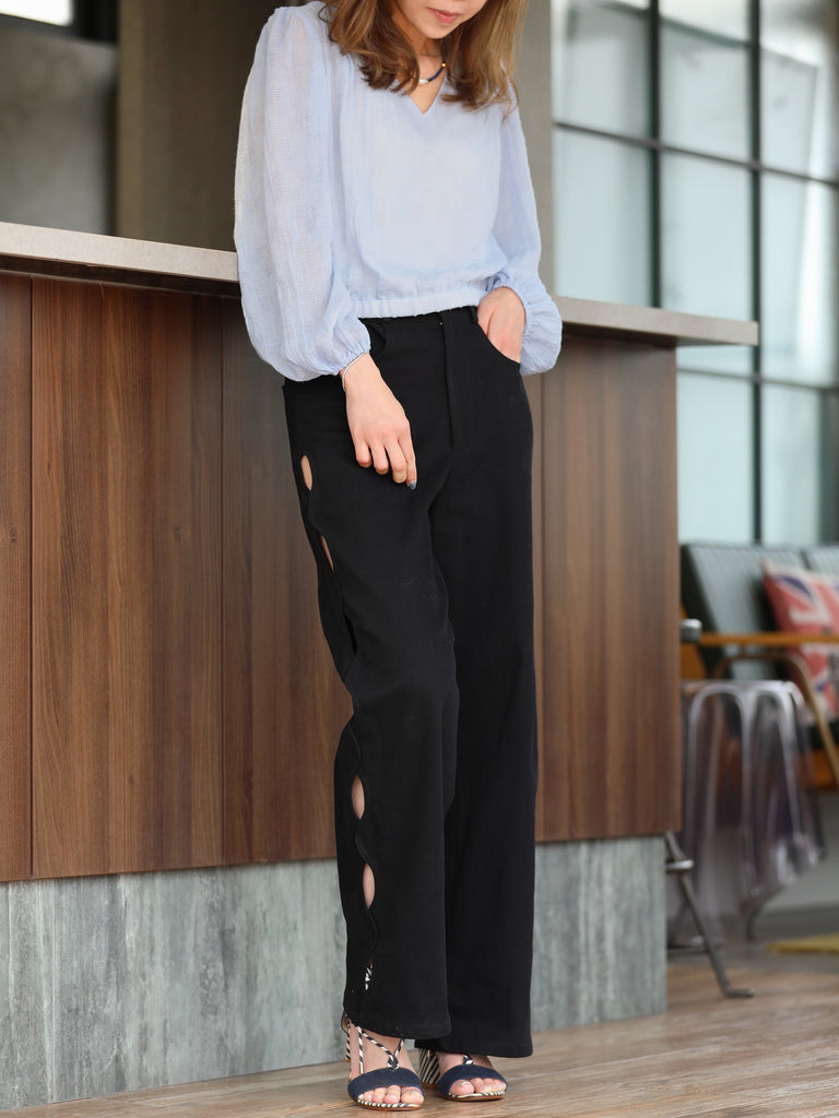 Classic Black Scalloped Cut-Out Detail Straight-Leg Cotton Trousers