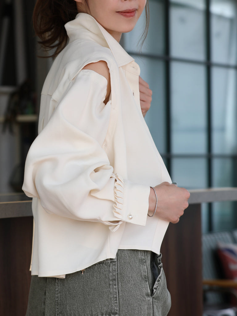 Warm Cream Grid Textured Two-Way Button-Shoulder Silk Shirt