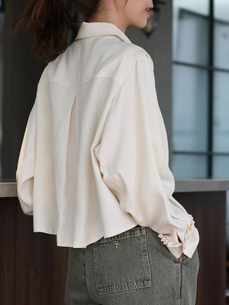 Warm Cream Grid Textured Two-Way Button-Shoulder Silk Shirt