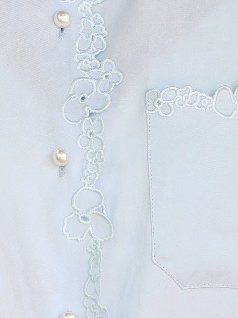 Baby Blue Floral Embroidered Pearl Button Washed Denim Shirt
